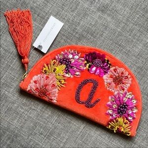 NWTA Anthropologie Coral and Purple Letter “A”Sequin Zip Pouch
